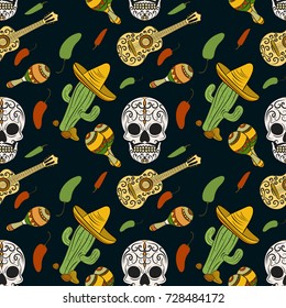 Mexican sugar skulls with chili pepper, guitar, sombrero, maracas. Day of the Dead Seamless pattern