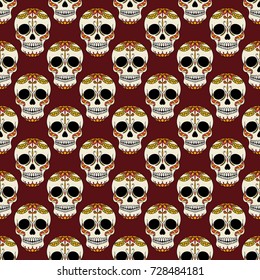 Mexican sugar skulls with chili pepper, guitar, sombrero, maracas. Day of the Dead Seamless pattern