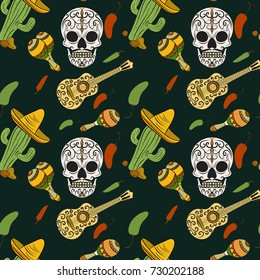 Mexican sugar skulls with chili pepper, guitar, maracas. Day of the Dead. Seamless pattern