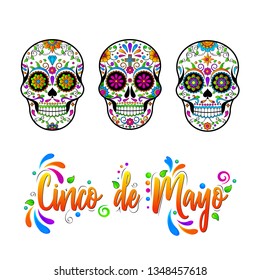 Mexican Sugar skulls, Cinco de Maya vector isolated illustration on white background. 