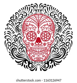 mexican sugar skulls with circular floral pattern background. DAY OF THE DEAD. Design element for poster, greeting card, banner, t shirt, flyer, emblem. Vector illustration