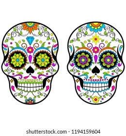 Mexican Sugar skulls, Day of the dead vector illustration on white background 