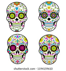 Mexican Sugar skulls, Day of the dead vector illustration on white background 