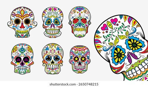Mexican Sugar skulls, day of the dead vector illustration pack on white background
