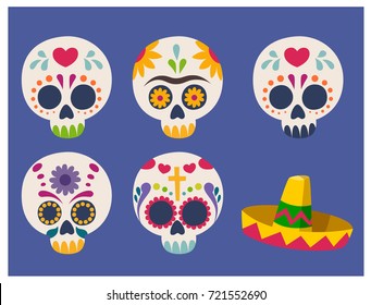 Mexican sugar skulls. Day of the dead. Dia de muertos. Cartoon style vector illustration