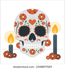 Mexican sugar skulls for Dia de los Muertos (Day of the Dead). Male skull with mustache and sombrero  with candle, flowers. vector art illustration. Mexican skulls decorated with colorful pattern 2301