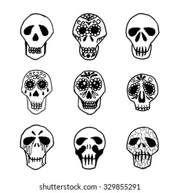 Mexican sugar skulls, Dia de los Muertos icons set