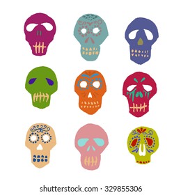 Mexican sugar skulls, Dia de los Muertos icons set