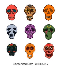 Mexican sugar skulls, Dia de los Muertos icons set