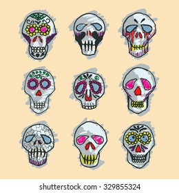 Mexican sugar skulls, Dia de los Muertos icons set