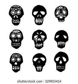 Mexican sugar skulls, Dia de los Muertos icons set