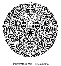 mexican sugar skulls with floral pattern background. DAY OF THE DEAD. Design element for poster, greeting card, banner, t shirt, flyer, emblem. Vector illustration