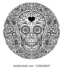 mexican sugar skulls with floral pattern background. DAY OF THE DEAD. Design element for poster, greeting card, banner, t shirt, flyer, emblem. Vector illustration