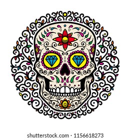 mexican sugar skulls with floral pattern background. DAY OF THE DEAD. Design element for poster, greeting card, banner, t shirt, flyer, emblem. Vector illustration