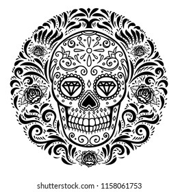 mexican sugar skulls with floral pattern background. DAY OF THE DEAD. Design element for poster, greeting card, banner, t shirt, flyer, emblem. Vector illustration