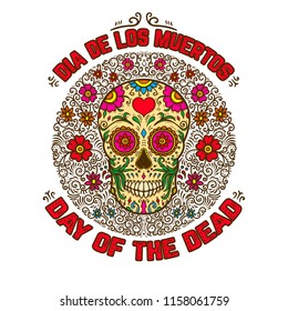 mexican sugar skulls with floral pattern background. DAY OF THE DEAD. Design element for poster, greeting card, banner, t shirt, flyer, emblem. Vector illustration