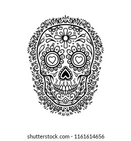 mexican sugar skulls with floral pattern background. DAY OF THE DEAD. Design element for poster, greeting card, banner, t shirt, flyer, emblem. Vector illustration