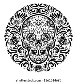 mexican sugar skulls with floral pattern background. DAY OF THE DEAD. Design element for poster, greeting card, banner, t shirt, flyer, emblem. Vector illustration