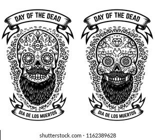 mexican sugar skulls with floral pattern background. DAY OF THE DEAD. Design element for poster, greeting card, banner, t shirt, flyer, emblem. Vector illustration