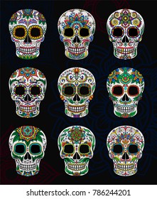 Mexican sugar skulls with floral pattern set, Day of The Dead vector Illustration