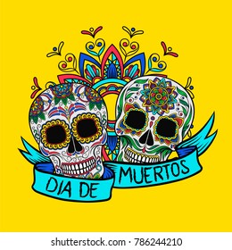 Mexican sugar skulls with floral pattern, Dia de Muertos, design element for poster, greeting card vector Illustration