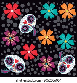 Mexican sugar skulls with flowers and dots black background fashion design.