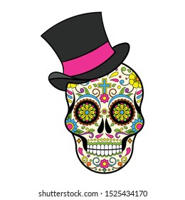 Mexican Sugar skulls with hat, Day of the dead vector illustration on white background 