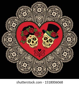 Mexican sugar skulls with heart and lace. Dia de los Muertos