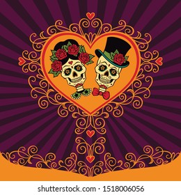 Calaveras azucareras mexicanas con corazón y adorno. Dia de los muertos