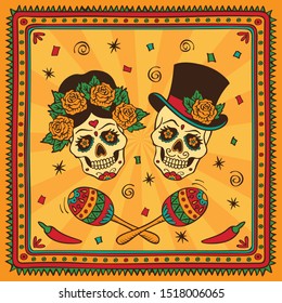 Mexican sugar skulls and maracas  Dia de los Muertos