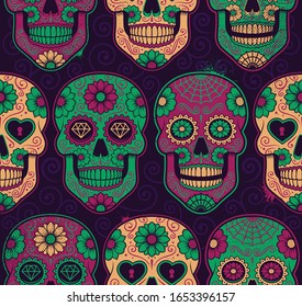 Mexican sugar skulls seamless pattern. Each colours are in a group