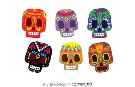 Mexican sugar skulls set, Day of the dead colorful symbols, Dia de los muertos vector Illustration