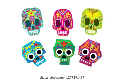 Mexican sugar skulls set, Day of the dead colorful symbols vector Illustration