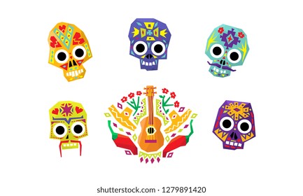 Mexican sugar skulls set, Day of the dead, Mexican cultural symbols vector Illustration