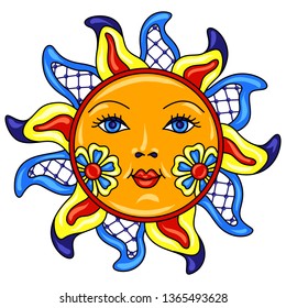 Mexican Sun With Ornamental Flowers. Traditional Decorative Object. Talavera Ceramic Pattern. Ethnic Folk Ornament.