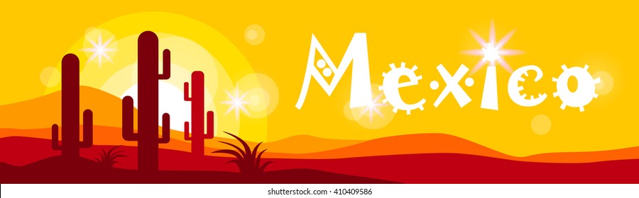 Mexican Sunset Cactus In Desert Mexico Banner Flat Vector Illustration