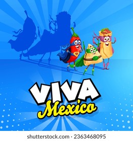 Mexican superhero characters, viva Mexico poster with red jalapeno chili pepper, quesadilla and burrito tex mex food personage defenders wear super hero masks and capes inviting for celebration