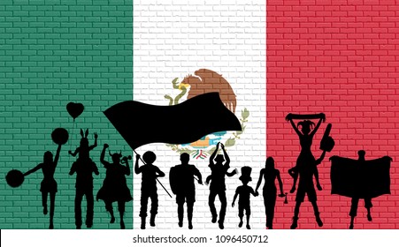 Mexican supporter silhouette in front of brick wall with Mexico flag. All the objects, silhouettes and the brick wall are in different layers. 