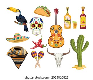 Mexican symbol icons. Cartoon sombrero, chili peppers and toucan. Isolated taco, guitar and maracas. Music fiesta party. Vector illustration