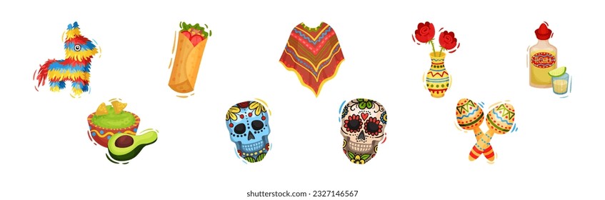 Mexican Symbols and Attribute with Pinata, Wrap, Poncho, Tequila, Rose Flower, Skull, Maraca and Guacamole Vector Set