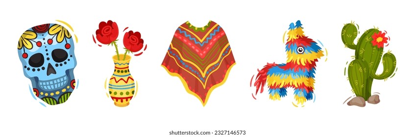 Mexican Symbols and Attribute with Skull, Rose Flower, Poncho, Cactus and Pinata Vector Set