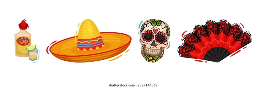 Mexican Symbols and Attribute with Tequila, Sombrero Hat, Skull and Fan Vector Set