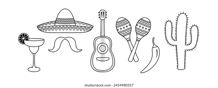 mexican symbols, cinco de mayo festival, black line icons, vector design elements