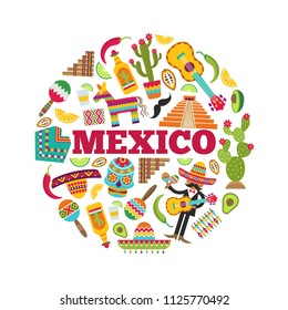 Mexican symbols. Circle shape with various colored pictures of mexican icons. Mexican colorful, cactus and skull, sombrero and guitar, vector illustration
