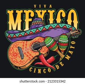 Mexican symbols colorful vintage label with painted guitar, purple sombrero with triangle ornament, pair of maracas and chili pepper, vector illustration