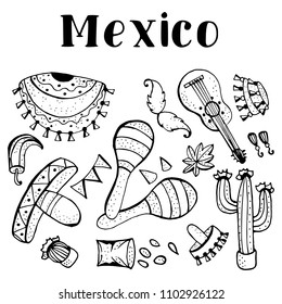 Mexican symbols doodle icons set.Black and white monochrome.