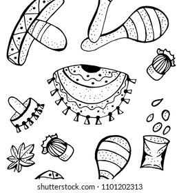 Mexican symbols doodle pattern. 