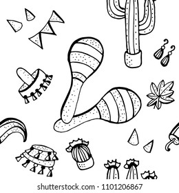 Mexican symbols doodle pattern. 