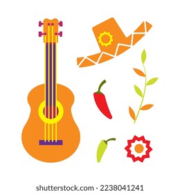 Mexican Symbols with Guitar, Sombrero Hat and Chili Pepper Vector Set