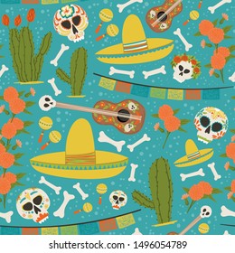 Mexican symbols hand drawn cartoon style seamless pattern. Dia de los Muertos or Day of the Dead endless fabric background. Stock vector